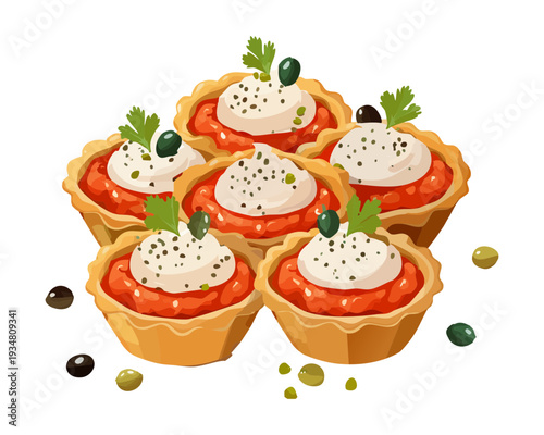 Group of savory mini quiches with creamy topping and tomato garnish for catering event party platter snacks - Vector Illustration