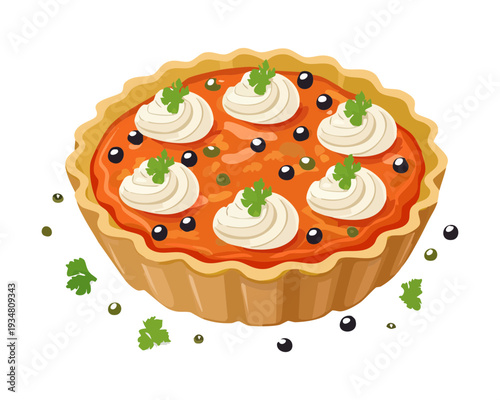Round tartlets filled with tomato sauce cheese and topped with fresh basil and black pepper for appetizers - Vector Illustration
