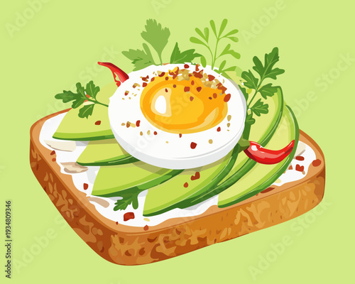 Crispy toasted bread with smashed avocado slices and a sunny side up fried egg for morning breakfast - Vector Illustration
