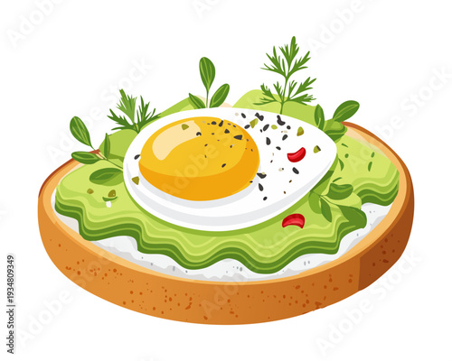 Healthy avocado toast topped with a fried egg and chili flakes on a light green background surface - Vector Illustration