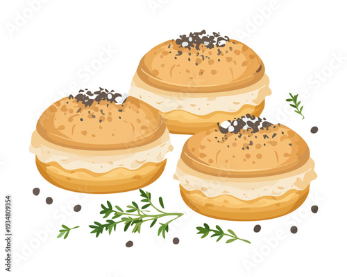 Trio of gourmet sliders with herb garnish and creamy filling served for elegant party snack menu - Vector Illustration
