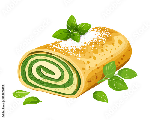 Sliced savory green roll with herb filling and fresh garnish for an elegant gourmet appetizer dish - Vector Illustration