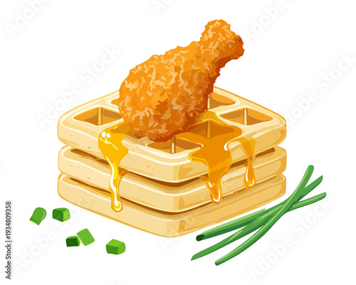 Golden crispy fried chicken wing served on top of waffles with honey drizzle and fresh green chives - Vector Illustration