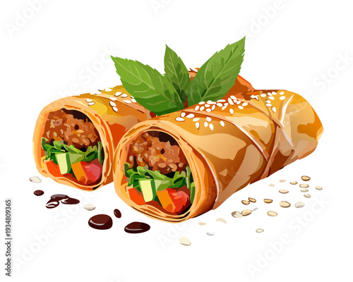 Fried spring rolls cut in half showing savory meat filling with sesame seeds and balsamic glaze drizzle - Vector Illustration