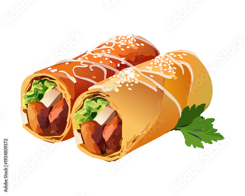Traditional crispy egg rolls filled with shredded vegetables and meat garnished with fresh green herbs and leaves - Vector Illustration