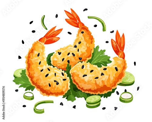 Fried crispy prawns served with fresh green salad leaves and chili flakes for a gourmet seafood appetizer - Vector Illustration
