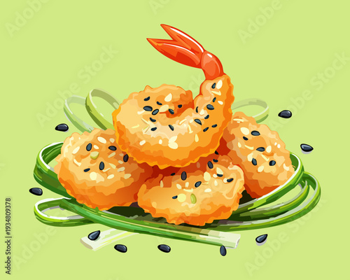 Plate of golden tempura fried shrimp garnished with sesame seeds and fresh green onions for asian cuisine - Vector Illustration