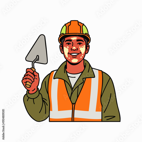 Construction worker with trowel, wearing hard hat and safety vest, ready for work on a building site