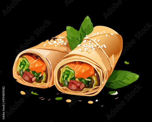 Savory tortilla wrap filled with fresh salmon and green vegetables presented on a dark moody surface backdrop - Vector Illustration