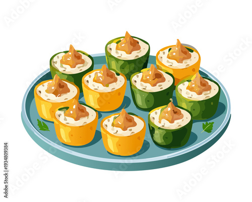 Platter of mini stuffed zucchini rounds filled with creamy cheese and topped with golden fried crispy onions - Vector Illustration
