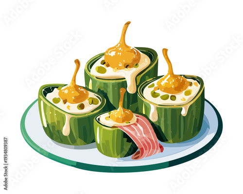 Stuffed zucchini boats filled with savory cheese and topped with crispy bacon and fresh green herb garnish - Vector Illustration