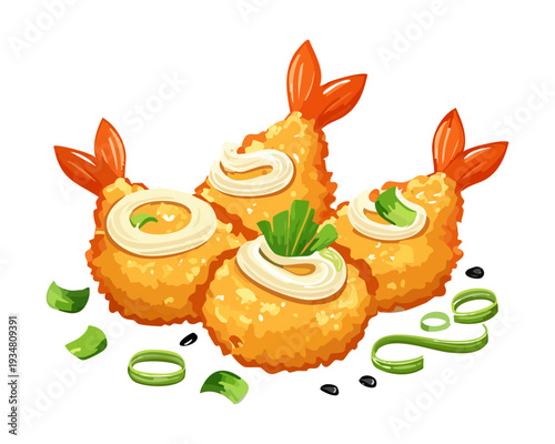 Crispy popcorn shrimp served with creamy dipping sauce and fresh green herb garnish for a party snack - Vector Illustration
