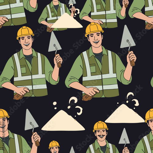 Seamless pattern with happy construction workers, hard hats, safety vests, trowels, and cement piles. Vector for building, renovation, and labor themes.