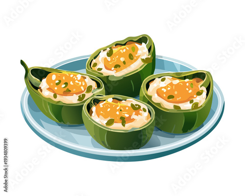 Roasted zucchini halves stuffed with gourmet filling and herbs served on a light blue decorative ceramic plate - Vector Illustration