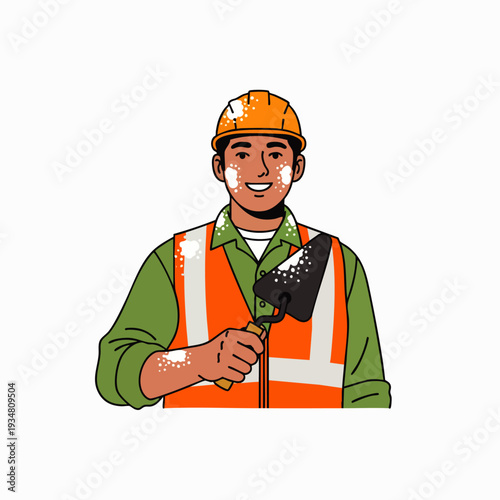 Construction worker with trowel and safety helmet, skilled laborer in protective gear, industrial profession, building industry illustration