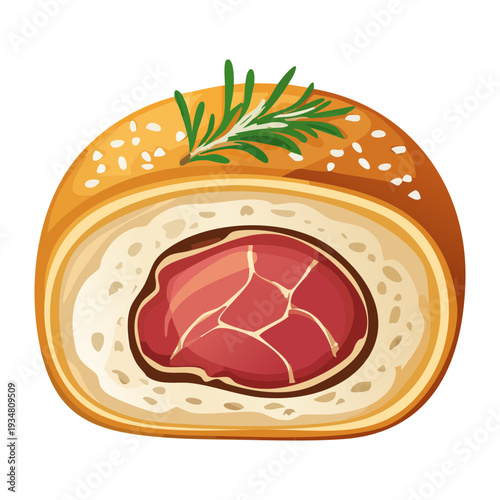Savory meat roll pastry with a golden crust and fresh herb garnish for a gourmet bakery snack - Vector Illustration