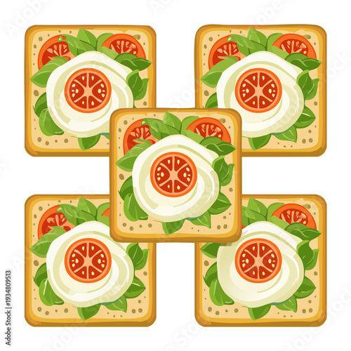 Decorative arrangement of square crackers with cheese tomatoes and herbs for an elegant party appetizer platter - Vector Illustration