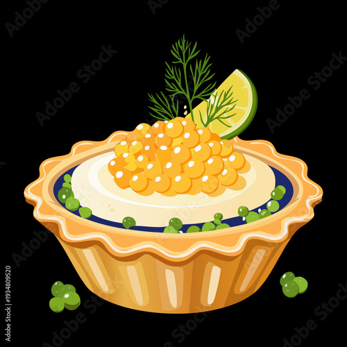 Individual tartlet filled with cream and topped with golden caviar and lime on dark contrast surface - Vector Illustration