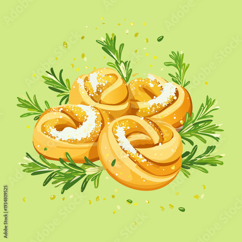Two savory pastry rings with golden crust and fresh herb garnish for an elegant snack presentation - Vector Illustration