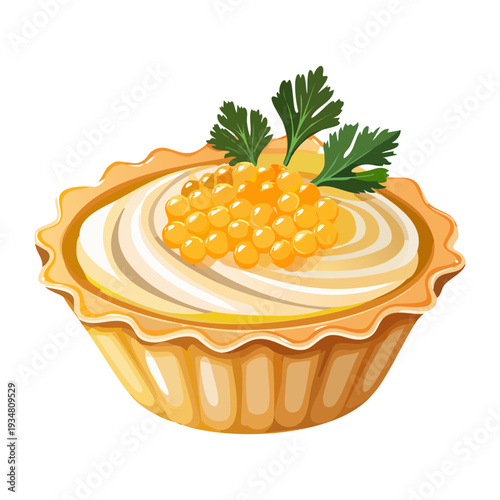 Savory tartlet filled with whipped cream and topped with golden fish roe and fresh parsley garnish - Vector Illustration