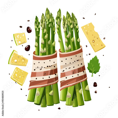 Bundles of fresh green asparagus wrapped in crispy bacon and seasoned with black pepper and herbs - Vector Illustration