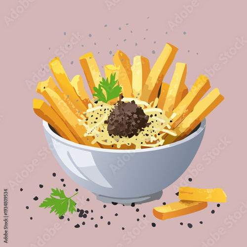 Bowl of crispy french fries topped with a creamy sauce and fresh herb garnish for snack - Vector Illustration