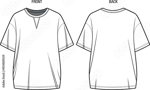 Flat vector illustration of a casual short-sleeve t-shirt with a unique V-neck design, showcasing both front and back views for fashion and apparel concepts
