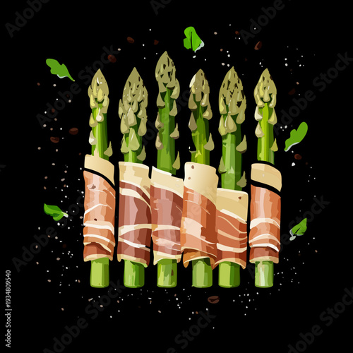 Grilled asparagus spears wrapped in bacon presented on a dark dramatic contrast surface for gourmet dining - Vector Illustration