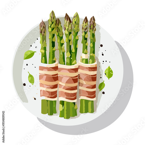 Plate of roasted asparagus wrapped in bacon and sprinkled with herbs for a savory healthy appetizer snack - Vector Illustration