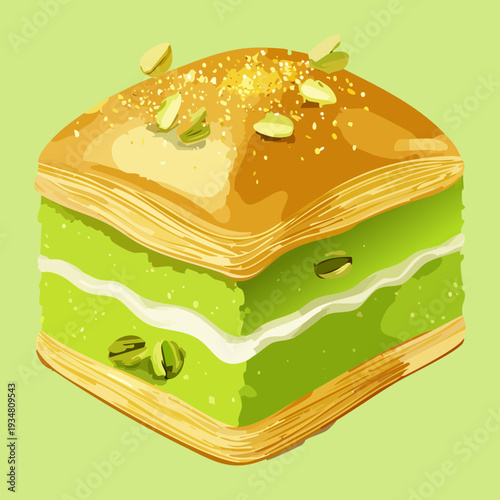 Square piece of layered green vegetable cake with a golden top and fresh herb garnish for snacks - Vector Illustration