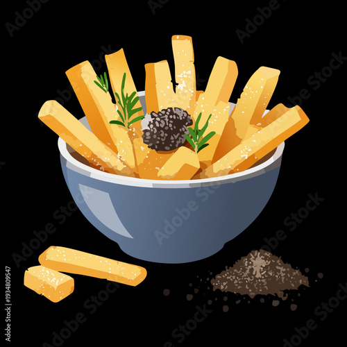 Bowl of french fries topped with savory sauce and black pepper on a dark contrast surface - Vector Illustration