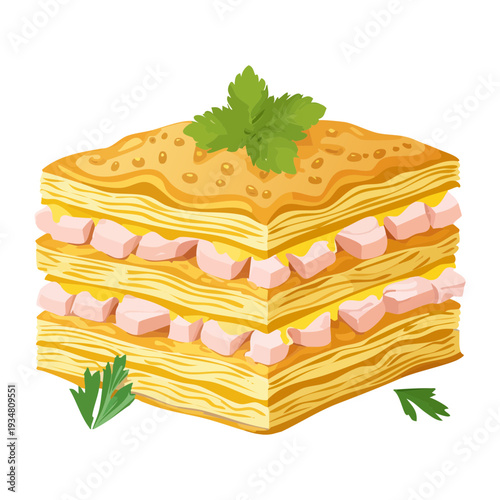Triple layered square savory sandwiches with pink cream cheese filling and parsley garnish for party appetizers - Vector Illustration