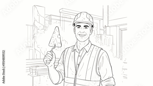 Smiling male construction worker in hard hat and safety vest holding a trowel, standing at a building site. Detailed line art for coloring books.