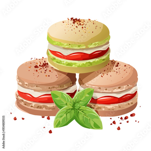 Stack of mini gourmet sandwiches with cream filling and fresh basil garnish for party catering snacks - Vector Illustration