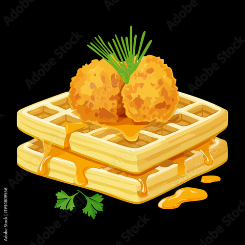 Crispy golden waffles topped with fried chicken and honey drizzle presented on a dark contrast surface - Vector Illustration