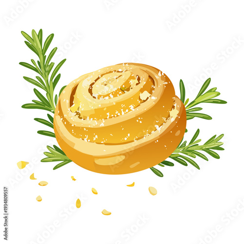 Savory pastry roll with golden crust and fresh rosemary garnish for a gourmet bakery appetizer snack - Vector Illustration