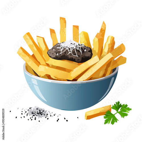 Large bowl of golden french fries with creamy dipping sauce and herb garnish for a party snack - Vector Illustration
