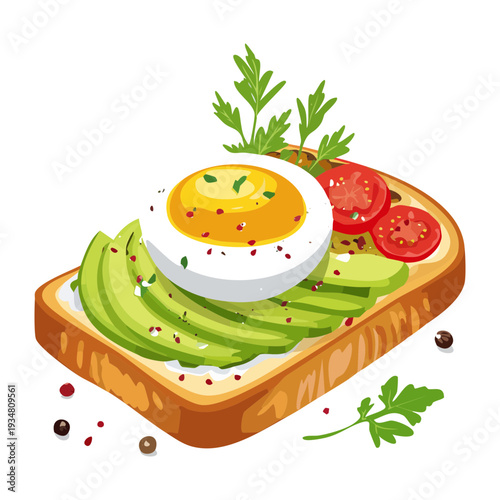 Healthy avocado toast topped with a fried egg and chili flakes for a nutritious breakfast snack - Vector Illustration