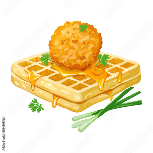 Stack of golden waffles topped with crispy fried chicken and garnished with fresh green chives - Vector Illustration