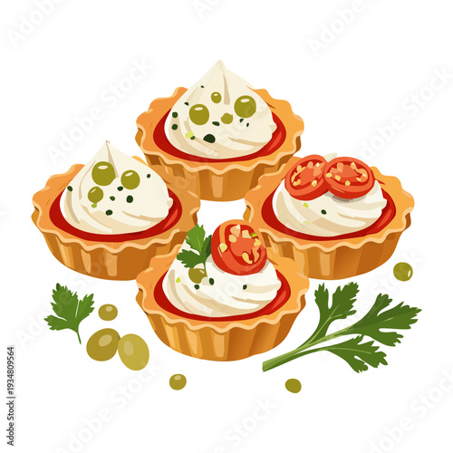 Platter of mini savory tartlets with creamy topping and tomato garnish for catering event party snacks - Vector Illustration