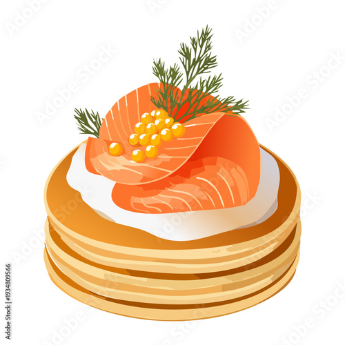 Stack of mini pancakes topped with cream red caviar and fresh dill for elegant party snacks - Vector Illustration