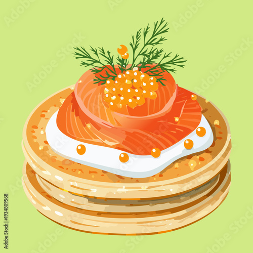 Round savory blini topped with cream and red caviar garnished with fresh dill and herb sprigs - Vector Illustration