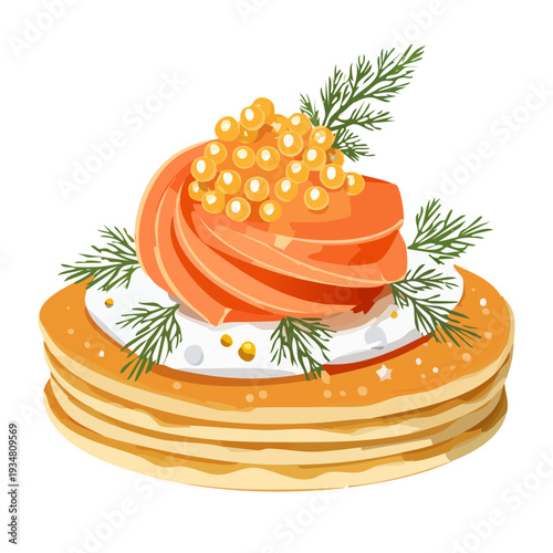 Savory pancake topped with fresh salmon slices and red caviar for a gourmet seafood appetizer snack - Vector Illustration