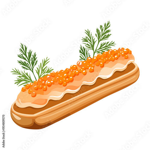 Long savory pastry topped with red caviar and fresh dill for a luxurious seafood appetizer snack - Vector Illustration