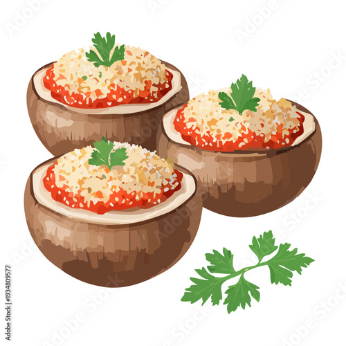 Group of stuffed mushroom caps filled with savory breadcrumbs and herbs for elegant party catering snacks - Vector Illustration
