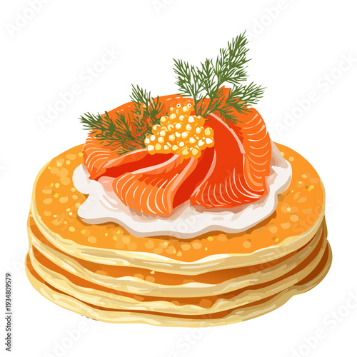 Large stack of savory pancakes topped with fresh salmon and red caviar for a hearty appetizer - Vector Illustration