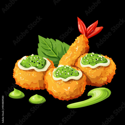 Crispy fried golden nuggets served with a vibrant green pesto dipping sauce on a dark surface - Vector Illustration