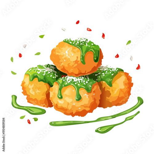 Plate of golden fried snacks garnished with fresh green herbs and served with a pesto sauce - Vector Illustration