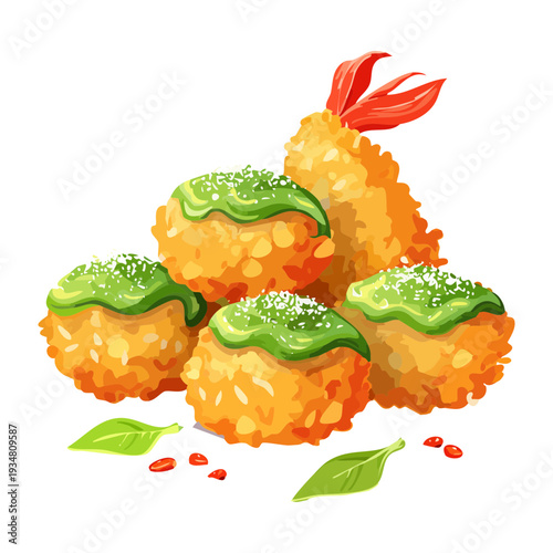 Crispy breaded snacks served with a vibrant green dipping sauce and fresh herb garnish for appetizers - Vector Illustration