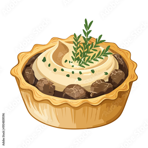 Savory meat pie with a creamy mashed potato topping and fresh herb garnish for individual serving - Vector Illustration